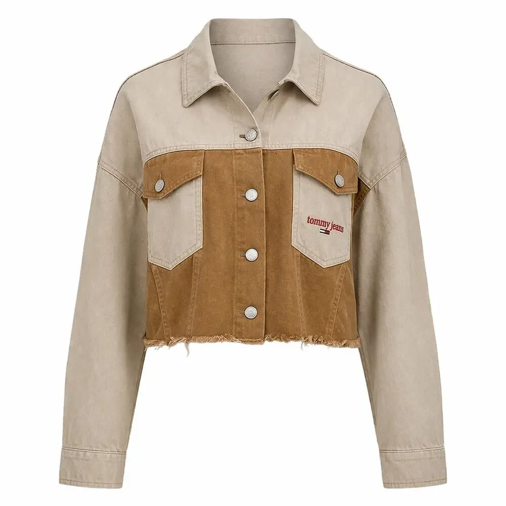 Tommy Jeans Two Tone Cropped Denim Jacket Tan Beige Retro 90s Inspired XL - Picture 1 of 7